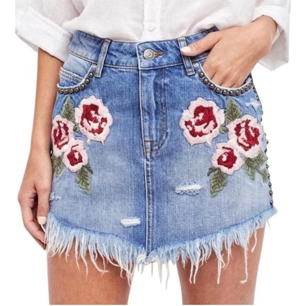 Free People Wild Rose Embroidered Denim Mini Skirt
